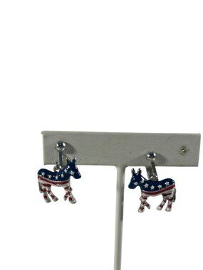 Patriotic Democratic Donkey Clip On Earrings Dangle Red White Blue Stars Stripes